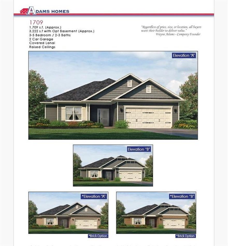 Under Construction!! Welcome to Adams Homes’ popular ranch-style plan The 1709 Ranch — Where Comfort Meets Quality
Come see the Model home and get a feel for what your new home will look like. 
Discover effortless one-level living in this beautifully designed 3-bedroom, 2-bath ranch home on a slab foundation. Enjoy an inviting open floor plan that blends the kitchen, dining, and family areas seamlessly—perfect for entertaining or everyday living. The kitchen features an extra-large island, ideal for meal prep, casual dining, or gathering with friends.
The spacious family room showcases an electric fireplace, adding warmth and charm to the heart of the home. The owner’s suite offers a touch of luxury with a separate soaking tub and shower, a transom window above the garden tub for natural light, and a generous walk-in closet.
Step outside to the covered lanai with ceiling fan, the perfect spot to relax and unwind. Luxury vinyl plank flooring enhances the main living areas, while soft carpet adds comfort in the bedrooms.
Includes a 1-year builder warranty, 2-year systems warranty, and 10-year structural warranty for added peace of mind. Low-maintenance HOA and nearby shopping and dining make this the perfect place to call home.

This new construction home combines modern convenience, timeless design, and unbeatable value.
Excellent opportunity — excellent price! Don’t miss out on this one!