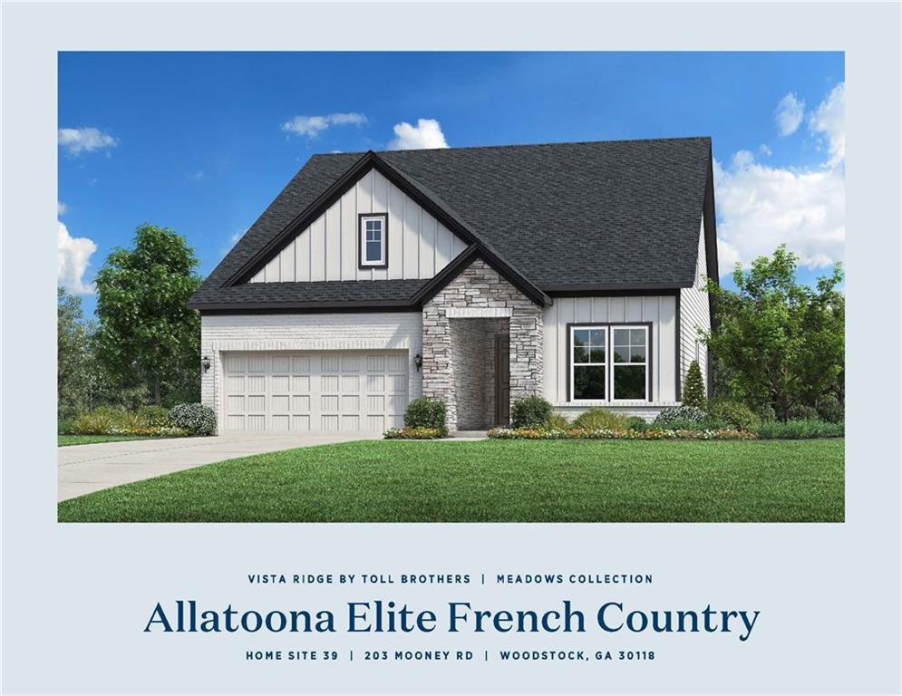 Toll Brothers Allatoona Elite French Country with stone and brick front. This is a ranch home with a bonus space upstairs that includes a 3rd bed and bath plus a loft space. Home has 10 foot ceilings and 8 foot doors and tons of windows. The design team has chosen a lovely color palette to highlight the natural beauty of this home design. Kitchen is equipped with stainless steel KitchenAid appliances and a 9 foot island overlooking the great room. Office with French doors, a walk-in pantry, and a laundry room with sink are just a few of the features in this incredible home. You will delight in the small details throughout. We are projecting a September completion. Vista Ridge offers a pool, clubhouse, outdoor lounge area, playground, nature trail and pickleball courts. Our location is just minutes from downtown Woodstock and Crabapple area.
Price reflects our current builder incentives. Please come tour our model home of this same design.