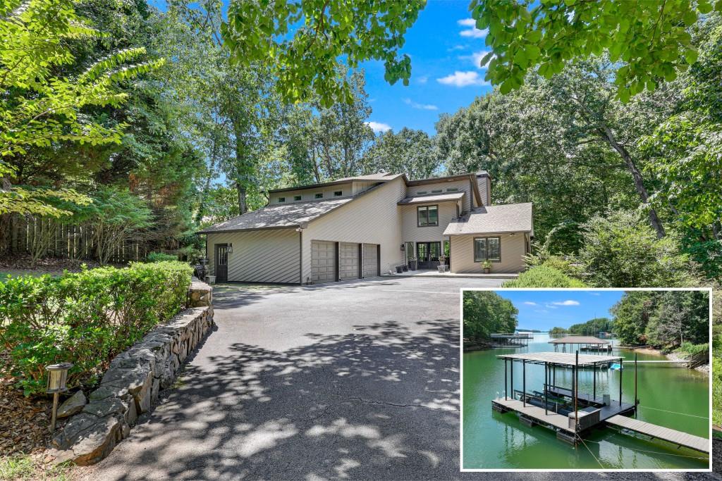 5 bedroom private retreat on Lake Lanier with single slip dock offers grass-to-water sunset views over the lake, and outdoor living at it's finest. This property is positioned at the end of a cul de sac with a gated driveway, and welcomes you inside to enjoy a fully renovated home. The large picture windows offer an abundance of natural lighting and the feeling of being tucked away in nature. The custom floor to ceiling fireplace creates a statement and draws emphasis to the tall, vaulted ceiling. From the first steps inside the home, you will be greeted with a long-range LAKE VIEW down the deep-water cove, to big open water. The custom kitchen is a chef's dream, with plentiful storage in the cabinetry and an expansive quartz island for workspace and island seating. The sliding glass doors in both the living room and just off the kitchen allows for easy indoor-outdoor entertaining. The main level offers 2 bedrooms and a full bathroom with functional and spacious laundry room. The second floor is dedicated to an amazing primary suite, featuring a loft/office space, an oversized primary bedroom with a deck to enjoy the lake view. The impressive en-suite features a custom tiled walk in shower, a soaking tub, two walk in closets and it's own laundry room. The finished terrace level offers 9ft ceilings throughout the additional entertaining space and 2 bedrooms, full bathroom, and a third connection for laundry. The second kitchen is open to another family room/media room that has easy access to the hot tub and level backyard. Easy and short stroll to the private dock positioned in a private cove, yet close and convenient to big, open water on South end of Lake Lanier. Just a short boat ride to lake amenities and restaurants!