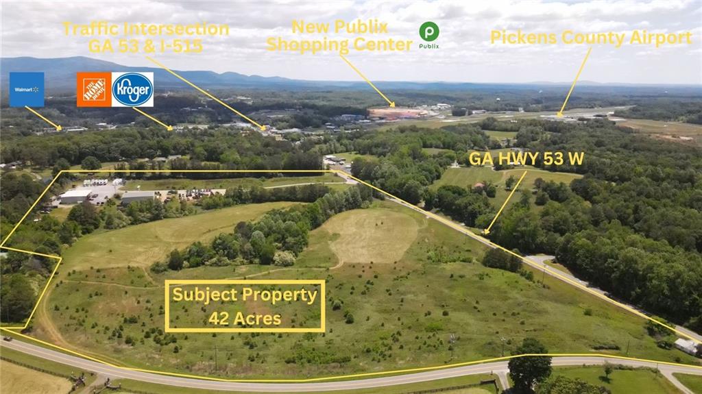 Harry Norman Realtors is pleased to offer a major development opportunity of 44 +/- acres in Jasper, Ga. Jasper is known as " the First Mountain City " in Georgia. This property is located on the North side of Hwy 53 with approximately 1,715 feet of road frontage. The location is also within a half mile to the major Hwy I-515. This parcel is zoned " Highway Business " and has two separate commercial metal buildings on it. The buildings are approximately 7,140 sq ft each and are currently leased for $ 5,000 per month each. Utilities include city water, electricity, phone, gas, internet, and the buildings are on septic systems. This area is highly developed with a major shopping center nearby including retail and restaurants. One of the few available large acre tracts near the center of Jasper.