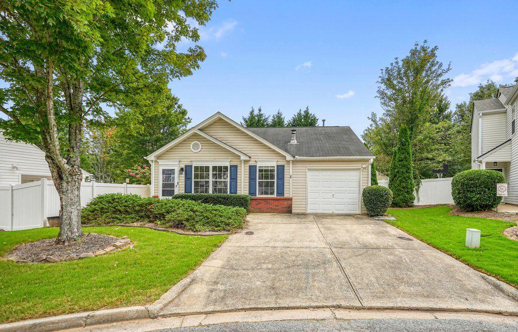 This spotless cozy and quaint home features a bright, open floor plan with vaulted ceilings, wood-like floors throughout, and a cozy fireplace in the living room. The remodeled kitchen boasts custom cabinetry, a gas range, built-in microwave, and breakfast nook, plus French doors that open to the backyard. The spacious full bath offers an updated vanity, mirror, and vaulted ceiling. The primary bedroom is perfectly situated for convenient one-level living.
Step outside to your own private oasis — an incredibly large, flat, fully fenced backyard with professional landscaping, fruit trees, and a cool covered patio, perfect for relaxing or entertaining. Additional highlights include a cul-de-sac location, low-maintenance exterior, 1-car garage with sealed floor, and storage building. Located in a sought-after swim/tennis community with great schools, and no rental restrictions. This is a true gem, so hurry!