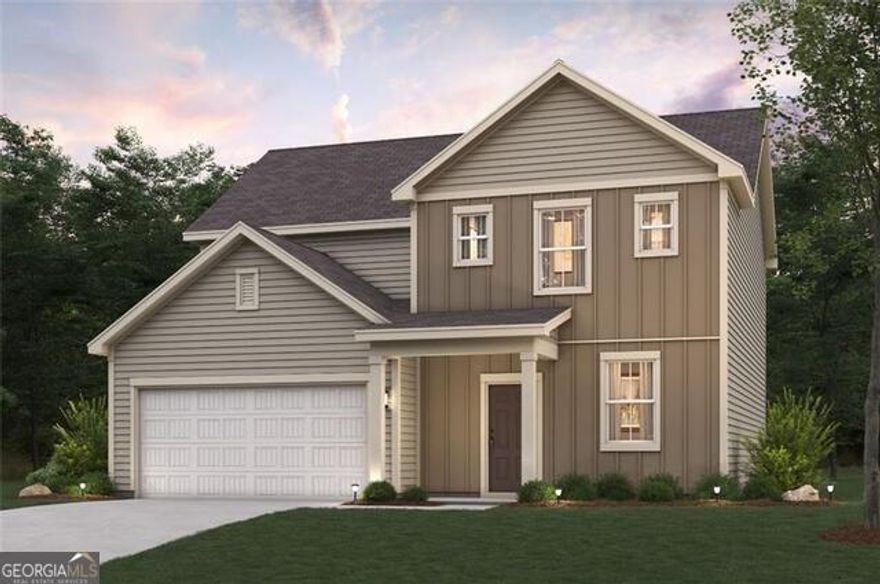 Welcome to The Greenfield at Ashley Falls by Century Communities, a beautifully designed home with a modern open concept. Ashley Falls is located minutes from historic downtown Douglasville, a nationally designated Main Street City, listed on the National Register of Historic Places, featuring locally owned restaurants and shops. The Greenfield has 4 bedrooms and 3 bathrooms with 1 bedroom and full bathroom on the main level. The primary suite, 2 bedrooms, laundry room and loft are on the second level. The Greenfield features a large kitchen island overlooking the great room with a decorative fireplace. The kitchen includes painted white cabinets, granite countertops, and a full tile backsplash. The main level, all bathrooms, and laundry include luxury vinyl plank flooring that is durable and easy to maintain. The large primary suite has a huge walk-in closet, with large walk-in shower, double vanity and linen closet. An oversized laundry room on the second floor is a welcome convenience at this lovely home.  This home is currently under construction and is estimated to be ready Summer 2025!The Greenfield is the featured model home at Ashley Falls. Stock photos are not of this actual home, but the same floorplan. Stock Photos used may contain options or upgrades that are not in the actual home.
