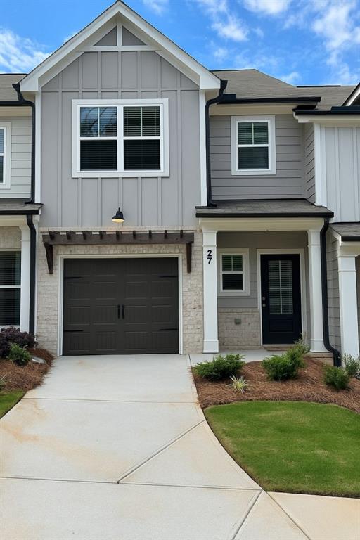The Holly plan built by Create Homes. Quick Move-In! Enjoy the convenience of prime location close to shopping, dining, Hartsfield-Jackson International Airport, I-285, I-20, I-75 and the East-West Connector. Within walking distance to vibrant downtown Austell, this stunning new residence seamlessly blends contemporary style with functional living, creating a space that elevates your everyday. Enter into the open-concept main level which offers a modern kitchen featuring stylish countertops, stainless steel appliances, a spacious island, and soft-close cabinets and drawers. This space seamlessly flows into the dining and living areas, making it ideal for both everyday living and entertaining. A private rear patio extends your living space, providing a great spot to unwind and enjoy the outdoors. Upstairs you'll find the primary suite offers a spacious retreat with a double vanity, a walk-in closet, and modern hardware and fixtures for a sleek, contemporary feel. The laundry room is conveniently located nearby, and two secondary bedrooms with a full bath completes this floor. Built by Create Homes, this energy-efficient townhome features smart home technology and quality construction. Ask us about our up to $10,000 towards closing costs or options incentive*. Must use Seller's Preferred Lender with binding contract by 10/15/2025 and close by 11/15/2025. Secondary photos are of the standing Model Home, listing color selections vary. Kitchen and Master Bath are of the actual home.