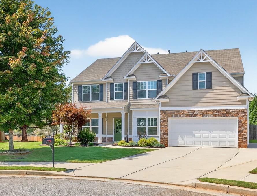 Welcome to this stunning 5 bedroom, 2.5 bath home offering an ideal blend of elegance and functionality. Step inside to find a spacious office, formal dining room, and an open-concept layout designed for both everyday living and entertaining. A bedroom on the main level provides flexibility for guests or multigenerational living. The gourmet kitchen is the heart of the home, featuring white cabinetry, granite countertops, stainless steel appliances, a large island, and an oversized walk-in pantry. Flowing seamlessly from the kitchen is the grand 2-story living room, filled with natural light and open, airy spaces perfect for gatherings. Upstairs, retreat to the grand primary suite with tray ceilings, a cozy sitting room, and abundant natural light. The luxury primary bathroom boasts dual vanities, a soaking tub, a separate glass shower, and a huge walk-in closet. Spacious secondary bedrooms offer their own walk-in closets and great natural light, with a full bath conveniently located nearby. Enjoy game days and outdoor living on the covered back porch, perfect for Saturday football and year-round entertaining. Situated on a quiet cul-de-sac lot with partial fencing and a spacious shed, this home checks every box!