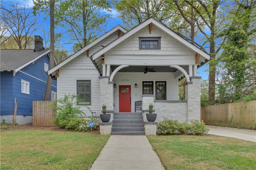 An incredibly charming, renovated bungalow in Historic West End. With 10 ft ceilings, gleaming hardwood floors throughout, an open concept floorplan, front and back porches, and a true primary suite, this home has it all.  The living room with original fireplace and a shiplap feature wall opens to the kitchen with stone countertops, custom cabinets, and stainless-steel appliances, including a gas range.  The adjacent dining area opens directly to the back porch, creating a perfect indoor-outdoor connection, opening to the large patio and flat fenced backyard, a perfect area for playing and pets to roam.  The primary suite includes roomy closet, an additional door to the back patio, and private bath with double vanity and large walk-in shower.  Two additional bedrooms share a renovated hall bath, offering comfort and flexibility for guests, family, or home office needs.  There are window treatments throughout, a laundry closet with full-size front loader washer and dryer, and attic storage. There is no homestead exemption on this home. Additional photos coming soon.