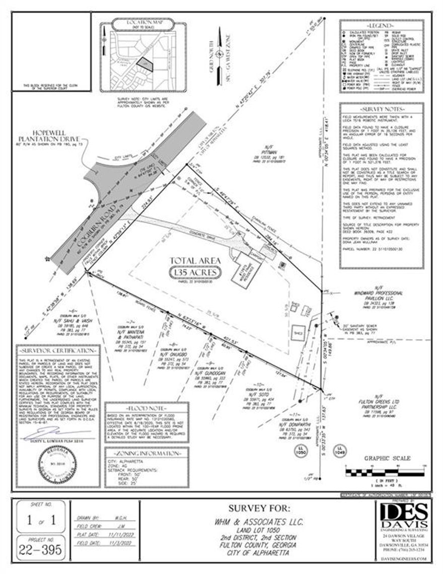 Prime Location! This 1.35+/- acre property is situated in the City of Alpharetta, just a short walk from schools and shopping, and only a quarter mile from North Main Street. Currently zoned for agriculture, it features an older brick home that is being sold as-is, with options for remodeling or demolition. The property can also be rezoned to R-12. This is an excellent opportunity to build your dream home or multiple homes.Builders dream site. Please note that the listing agent is a partial owner of the property.