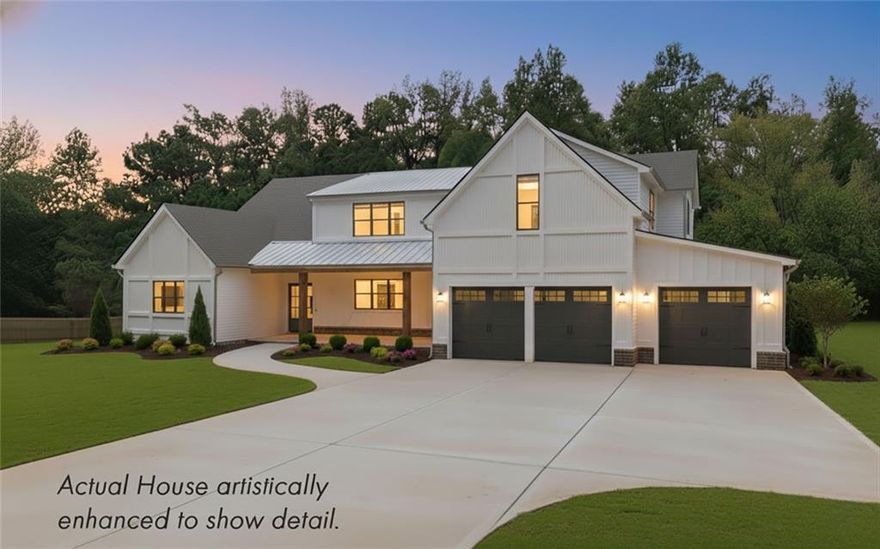 ** READY DECEMBER ** Beautiful NEW CONSTRUCTION modern farmhouse sits beautifully on 2.08 acre homesite in charming 3-lot enclave in A++ Cherokee County location on quiet, picturesque Rucker Road. If you value privacy and quiet (no road noise!) then this is for you. Most popular open floor plan with impressive 12 foot ceilings in family/ dining areas, a true chef's kitchen and a seamless blend of indoor and outdoor living spaces. Prepare to be wowed as you enter through the beautiful metal PIVOT door to the main living spaces that feature a STUNNING moving glass pocket door that opens to a full 20 feet wide and 10 feet tall giving you seamless access to the rear outdoor living space. Here you’ll find 12-foot ceilings, a brick fireplace, and a full outdoor kitchen with grill, hood, sink, and beverage center—perfect for year-round entertaining. If you love to cook and entertain then you'll be dazzled by the gourmet kitchen, a true showstopper. Features include 2 rows of upper cabinets on 3 sides, hidden walk-in pantry/ scullery with sink and countertop, large woodgrain center island with quartz counters and lots of natural light. The primary bedroom on the main is the perfect size, and features windows thoughtfully placed above nightstand spaces. The elegant ensuite bath features heated tile floors, a large zero-entry shower, his and her water closets and standalone tub, and a huge walk-in closet with custom built-ins and second laundry hook-up. An additional guest room on the main level is thoughtfully located at the opposite side of the primary suite, and features a private bath with oversized shower. Second full size laundry and mud room with built-ins on main floor. Upstairs you'll find 2 additional bedrooms, each with an ensuite bath, a separate TV room and another large home office/ bonus room. The backyard is level, private, and pool-ready. Built with spray-foam insulation, a tankless water heater, and low-maintenance finishes, this home delivers comfort, efficiency, and style. A rare opportunity in one of Cherokee’s most desirable locations.