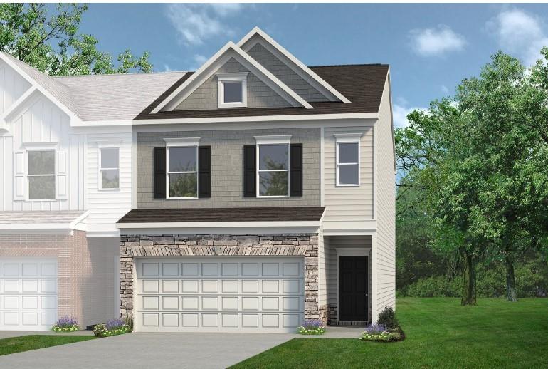 Move in Ready December! The Norwood II plan, located in Smith Douglas Homes, Sanders Park community. This end unit 3BR/2.5BA townhome has an Owner's entrance that offers entry directly into the kitchen providing convenient access for putting away those groceries! The kitchen has a center island, upgraded 42" upper cabinetry for additional storage, granite countertops with a tile backsplash and dining area overlooking the family room that features a sleek linear fireplace. Vinyl plank floors on main living area on first story and laundry room and bathrooms on second story. Light-filled entry with 3/4 glass front door! The second story is accessible via the open iron rail staircase leading to a loft area suitable for a desk/home office work station, a laundry room, two secondary bedrooms with a shared bath and the primary suite with a tray ceiling and tile shower. Nine ft ceiling heights on both levels. Planned neighborhood pool and the lawn maintenance included in your HOA fees leaves you more time to do the things you enjoy! Photos are representative of plan not of actual home being built. Seller incentives with the use of preferred lender.