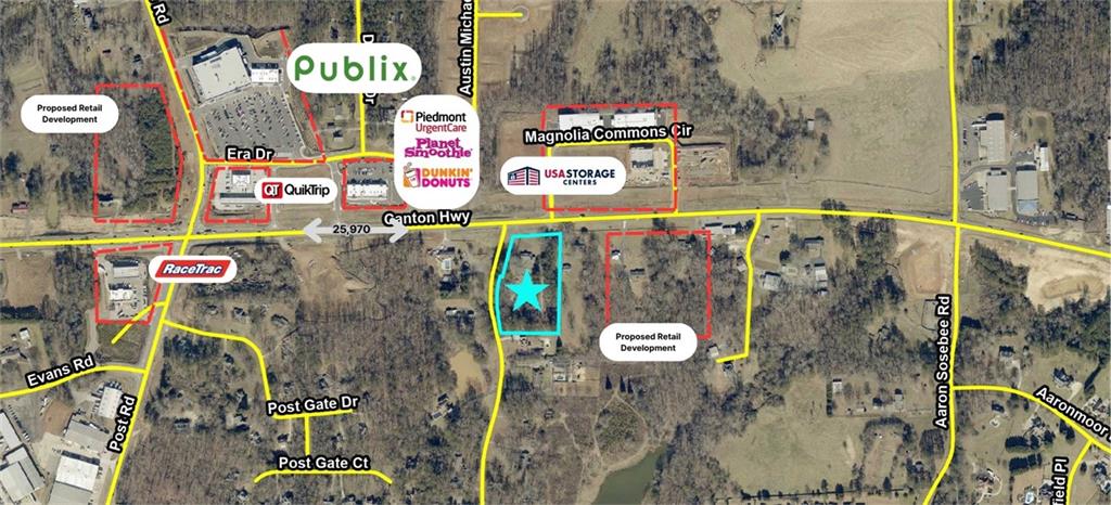 This premier 3.17-acre commercial parcel at 3225 Canton Hwy, Cumming, GA offers a rare opportunity for development in one of Forsyth County’s fastest-growing corridors. Positioned with dual road frontage, approximately 280 feet on Canton Highway. Additional access via Lakeside Lane, the site provides double ingress/egress and high visibility to over 25,000 vehicles per day. GA 20 expansion is estimated to increase vehicles per day to 38,000.
Surrounding national brands such as Publix, QuikTrip, RaceTrac, Dunkin’, Planet Smoothie, Piedmont Urgent Care, and USA Storage highlight the area’s established commercial activity. The parcel is also directly adjacent to two proposed retail developments, increasing its long-term value and synergy potential.
Zoned Commercial Business District (CBD) and equipped with sewer already on-site, the property is primed for a wide range of uses including retail, medical, restaurant, or mixed-use development. With strong demographics—including a median HH income over $130,000 and projected population growth of 18% within 1 mile—this property is well-positioned to capitalize on both current and future
demand.