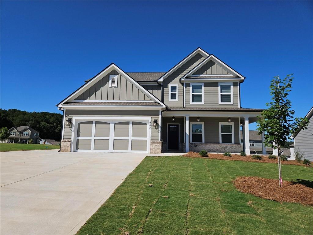The Hunter - Beautiful 5 bedroom / 4 bathroom, two story home with a welcoming wrap around porch, 2 car garage with a parking pad. Bright entry leads to the dining and open concept living area. Chef kitchen with gourmet serving bar, gas cooktop, double wall oven and no divided sink opens to the large living room with gas fireplace. The full bedroom and bath on the main level are perfect for guests. Upstairs, the Owner retreat features a tray ceiling, double vanity bath, separate tub and Tile shower plus a lavish closet. The upper level also has 2 secondary bedrooms and 1 additional bathrooms. Up to 15K BUYER INCENTIVE WITH PREFERRED LENDER